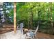 Backyard patio with a fire pit and chairs, creating a relaxing outdoor space surrounded by trees at 3390 River Ferry Dr, Alpharetta, GA 30022