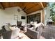 Cozy outdoor porch with comfortable seating, a fire pit, and a view of the serene backyard at 3390 River Ferry Dr, Alpharetta, GA 30022