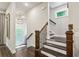 Inviting entryway features hardwood floors, modern lighting, and staircase to the upper level at 4355 Parkside Pl, Sandy Springs, GA 30342