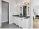 This bathroom vanity features double sinks, gray countertops, and white cabinets at 6815 Halcyon Way, Alpharetta, GA 30005