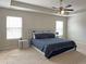 Well-lit bedroom features a tray ceiling with fan, carpet floors, and modern bedroom set at 3062 Hawthorn Farm Blvd, Loganville, GA 30052