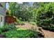 Landscaped backyard featuring hydrangeas, mature trees, and a serene setting at 3715 Horizon Ct, Cumming, GA 30041