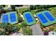 Aerial view showcases three well-maintained tennis courts surrounded by lush greenery and landscaping, perfect for tennis enthusiasts at 3715 Horizon Ct, Cumming, GA 30041