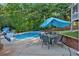Backyard pool with a seating area and umbrella with grass and woods in the background at 185 Waverly Walk, Douglasville, GA 30134