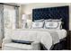 Elegant bedroom with blue accent headboard, patterned pillows, and stylish bedding, creating a cozy retreat at 4905 Village Green Dr, Roswell, GA 30075