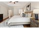 This spacious main bedroom features a tray ceiling, king size bed, and beautiful hardwood floors at 5105 Deerlake Dr, Alpharetta, GA 30005