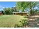 A wide backyard view shows lush grass, mature trees, and a brick home at 606 Evergreen Dr, Woodstock, GA 30188