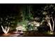 Enchanting backyard with landscape lighting, water feature, and seating areas for nighttime enjoyment at 161 Highgrove Dr, Suwanee, GA 30024