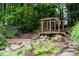 Serene backyard pond with a charming bridge, creating a peaceful and picturesque outdoor setting at 161 Highgrove Dr, Suwanee, GA 30024