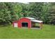 Exterior view of a large red metal outbuilding with multiple bays and covered area at 425 Chadwick Pl, Canton, GA 30114