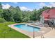 Beautiful in-ground pool and patio area surrounded by lush landscaping and a deck for lounging at 425 Chadwick Pl, Canton, GA 30114
