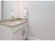 This bathroom has a granite countertop and white cabinets beneath the sink at 431 Hinton Farm Way, Dacula, GA 30019