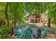 Relax in this backyard featuring a circular stone patio with Adirondack chairs and a view of the home's back porch at 504 S Westminster Ne Way, Atlanta, GA 30307