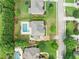 Detailed aerial view highlighting properties with manicured lawns, swimming pools, and mature landscaping at 132 Shellbark Dr, Mcdonough, GA 30252