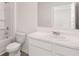 Well-lit bathroom featuring a sleek white vanity, sink, and shower at 712 Curb Ct, Locust Grove, GA 30248