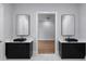 Stylish bathroom with dual vanities and modern fixtures with a glimpse to the bedroom at 1604 Niskey Lake Rd, Atlanta, GA 30331