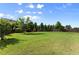 Large, grassy backyard featuring a soccer net and privacy fence surrounded by mature trees at 3317 Sweetleaf Ln, Buford, GA 30519