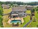 Aerial view of a home featuring a fenced yard, patio, covered porch, and in-ground pool at 776 Amos Ln, Kennesaw, GA 30152