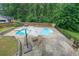 Aerial view of private pool with lounge area and lush landscaping in the back yard at 58 First Manassas E Way, Sharpsburg, GA 30277