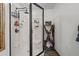 Modern shower with a sleek glass door and an organizer for storing bath essentials at 220 Mountain Creek Rd, Bowdon, GA 30108