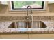 Close up view of stainless steel sink with granite counters and view of the backyard through the black window frame at 1028 Gate Post Ln, Lawrenceville, GA 30044