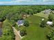 Aerial view showcases the home, barn, and surrounding acreage, including a pond at 471 Henderson Lake Dr, Canton, GA 30115