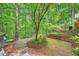 Lush backyard with stone patio, brick walkways, and mature landscaping at 8470 Valemont Dr, Atlanta, GA 30350