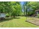 Wide backyard with green grass, wooden picnic table, storage shed, and wooded perimeter at 143 Frances Dr, Dallas, GA 30157