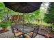 Backyard patio with seating under an umbrella, lush garden, and views of the screened porch at 2165 Robin Hood Trl, Cumming, GA 30040