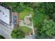 An aerial view showcases this single Gathering home nestled among mature trees with a long driveway at 2742 Alpine Rd, Atlanta, GA 30305