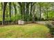 Large backyard with mature trees and storage shed, offering privacy and space at 3719 Northbrook Ct, Atlanta, GA 30340