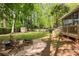 Secluded backyard features mature trees, fire pit, and shed, perfect for outdoor enjoyment at 3719 Northbrook Ct, Atlanta, GA 30340