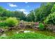 Backyard featuring a tranquil pond with rock features, lush greenery and fence beyond at 590 Arthur Rd, Canton, GA 30115