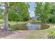 Scenic view of the charming pond with fountain feature, lush greenery, and fenced yard beyond the house at 2623 Lindsey Grace Ln, Buford, GA 30519
