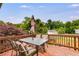 Outdoor dining area with furniture, set on a deck overlooking green trees at 638 Oberlochen Way, Douglasville, GA 30134