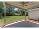 Covered patio features ceiling fan and overlooks lush green yard at 145 Devilla Trce, Fayetteville, GA 30214