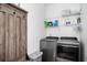 This laundry room includes front loading washer and dryer with shelving at 3537 Edenridge Ct, Buford, GA 30519