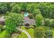 Aerial view of property, showcasing a large, private lot, circular driveway, and in-ground pool at 5860 Riverwood Dr, Sandy Springs, GA 30328