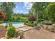 A backyard patio area with a clear view of the pool and firepit seating at 5860 Riverwood Dr, Sandy Springs, GA 30328