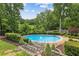 Backyard pool surrounded by lush, tiered landscaping and stone walkways at 5860 Riverwood Dr, Sandy Springs, GA 30328