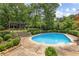 Beautiful backyard pool with a lush green perimeter, pergola, and stone steps to upper level at 5860 Riverwood Dr, Sandy Springs, GA 30328