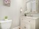 Elegant powder room featuring a granite countertop and white vanity at 402 Lake Point Trce, Canton, GA 30114