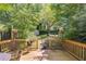 Backyard deck with green leafy trees and a shed with yard art in the distance at 1405 May Se Ave, Atlanta, GA 30316