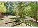 Scenic backyard with lush greenery, a gentle slope, and wooden retaining walls at 55 Bransford Rd, Sandy Springs, GA 30324