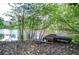 A scenic view of a pond with a wooden dock surrounded by trees at 965 Tiverton Ln, Alpharetta, GA 30022
