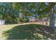 Spacious backyard featuring mature trees, a garden bed, and a storage shed on a well-maintained lawn at 5166 Vivid Dr, Stone Mountain, GA 30087