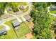 An aerial view reveals homes nestled among trees in a serene neighborhood with winding streets and well-manicured lawns at 1013 Liberty Springs Dr, Woodstock, GA 30188