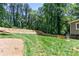 Backyard showing new fence and grassy lawn, adjacent to woods at 510 Whistlestop Dr, Woodstock, GA 30189