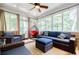 Relaxing sunroom with wicker seating, blue cushions, and a hanging chair perfect for unwinding and enjoying the natural light at 3620 Chartwell Dr, Suwanee, GA 30024