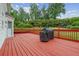 Spacious red deck with a grill and view of the private backyard at 1624 Glenfield Dr, Lawrenceville, GA 30043